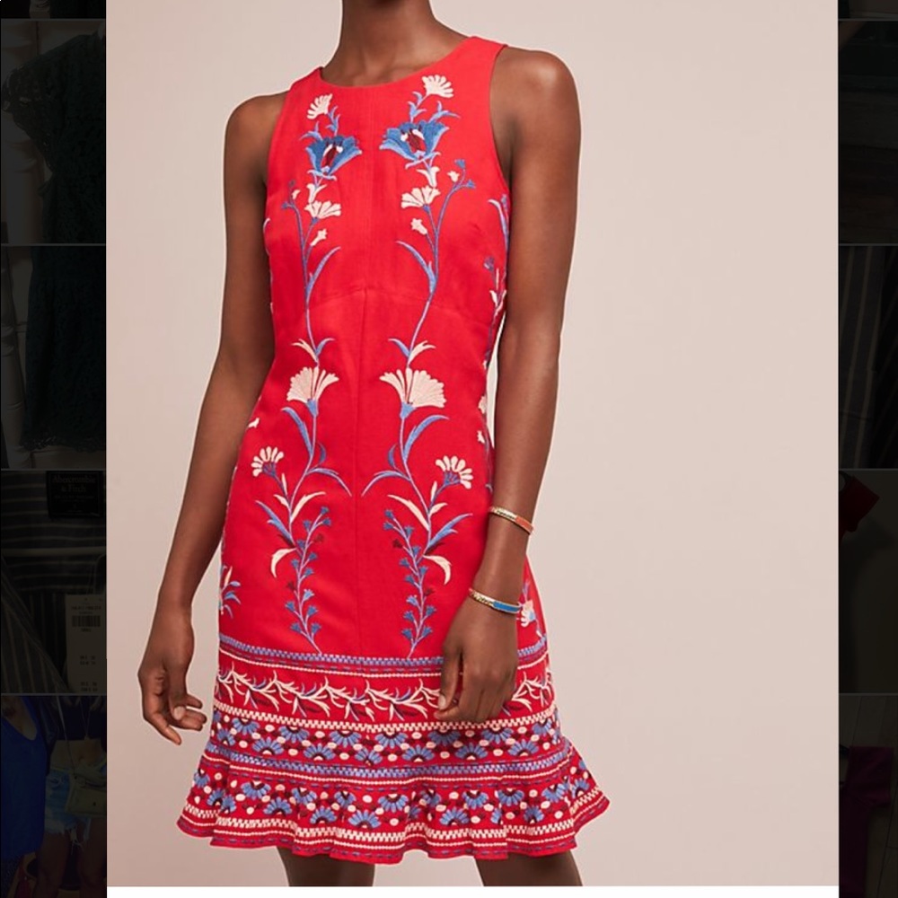 Anthropologie Lila Embroidered Red Shift Dress *Like New*